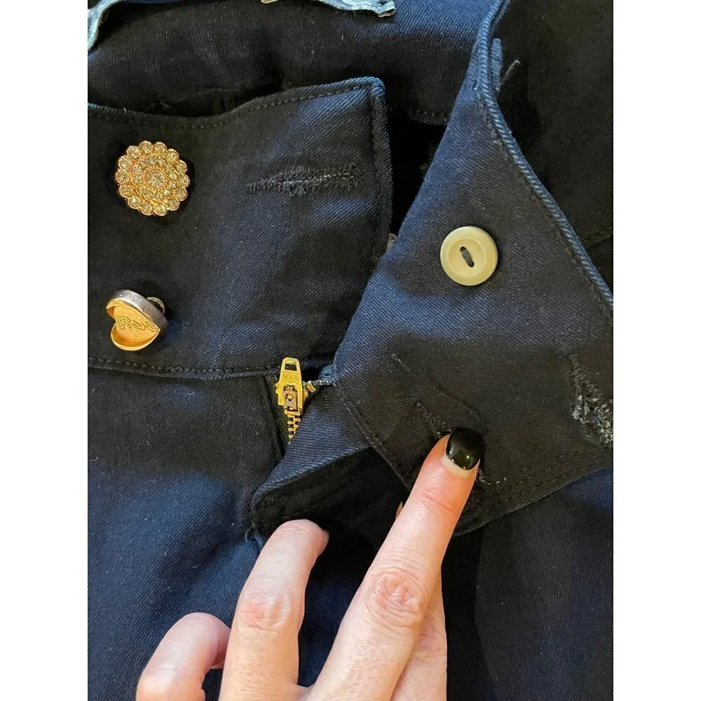 BLK DNM Blue Dark Wash Jeweled Button Wide Waistband Slim Jeans Size 28‎